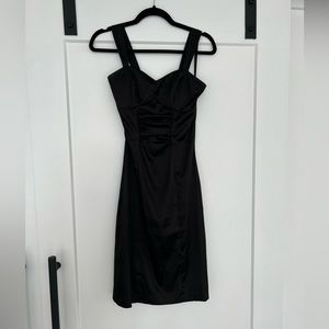 Beautiful Black Satin Dress With Flattering Alterations And Ruching formal